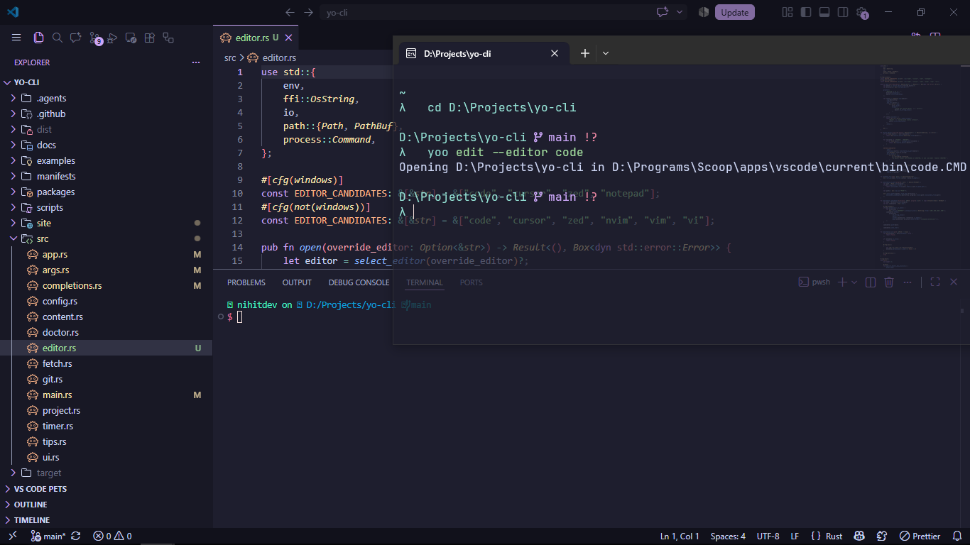 Editor launch shown in the yoo terminal interface